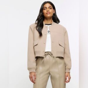 HAVER & BLAIR Taupe Cropped Bomber Jacket Utility Pockets Snap Front XS